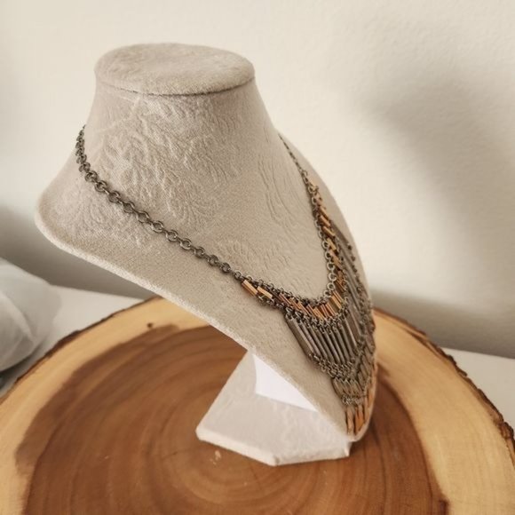 Distressed silver/gold tone Bib Fringe Statement Necklace - Picture 3 of 6